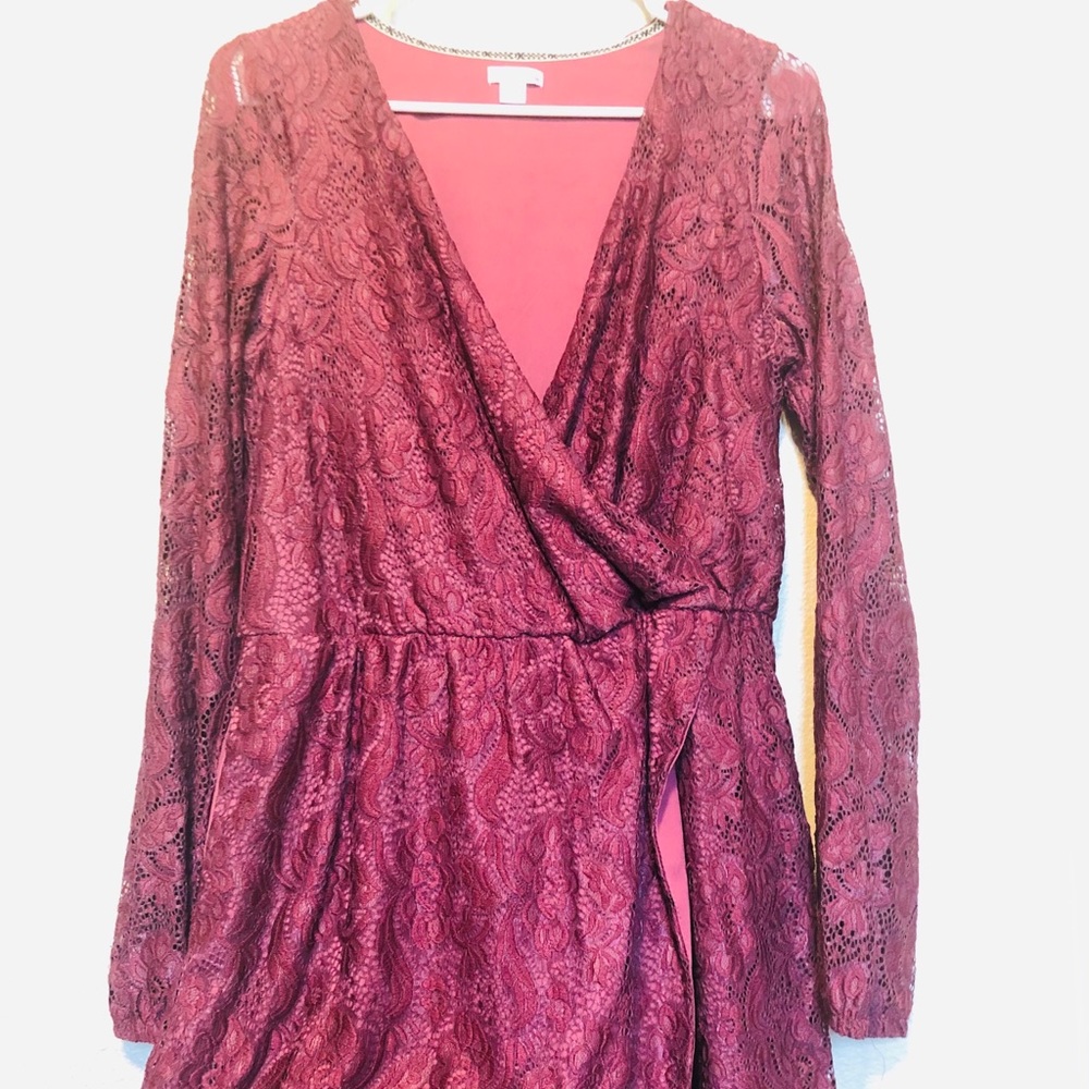Gorgeous Maroon lace long sleeve shorts romper